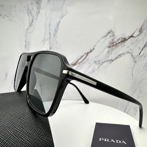 NEW PRADA Sunglasses Black Aviator Pilot 55-17mm Grey Lens Silver Logo - Picture 3 of 16